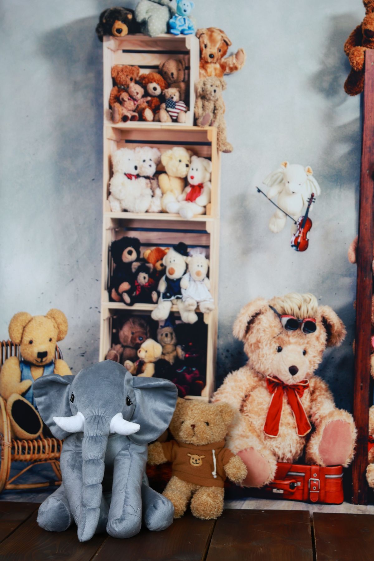 A colorful display of assorted plush toys